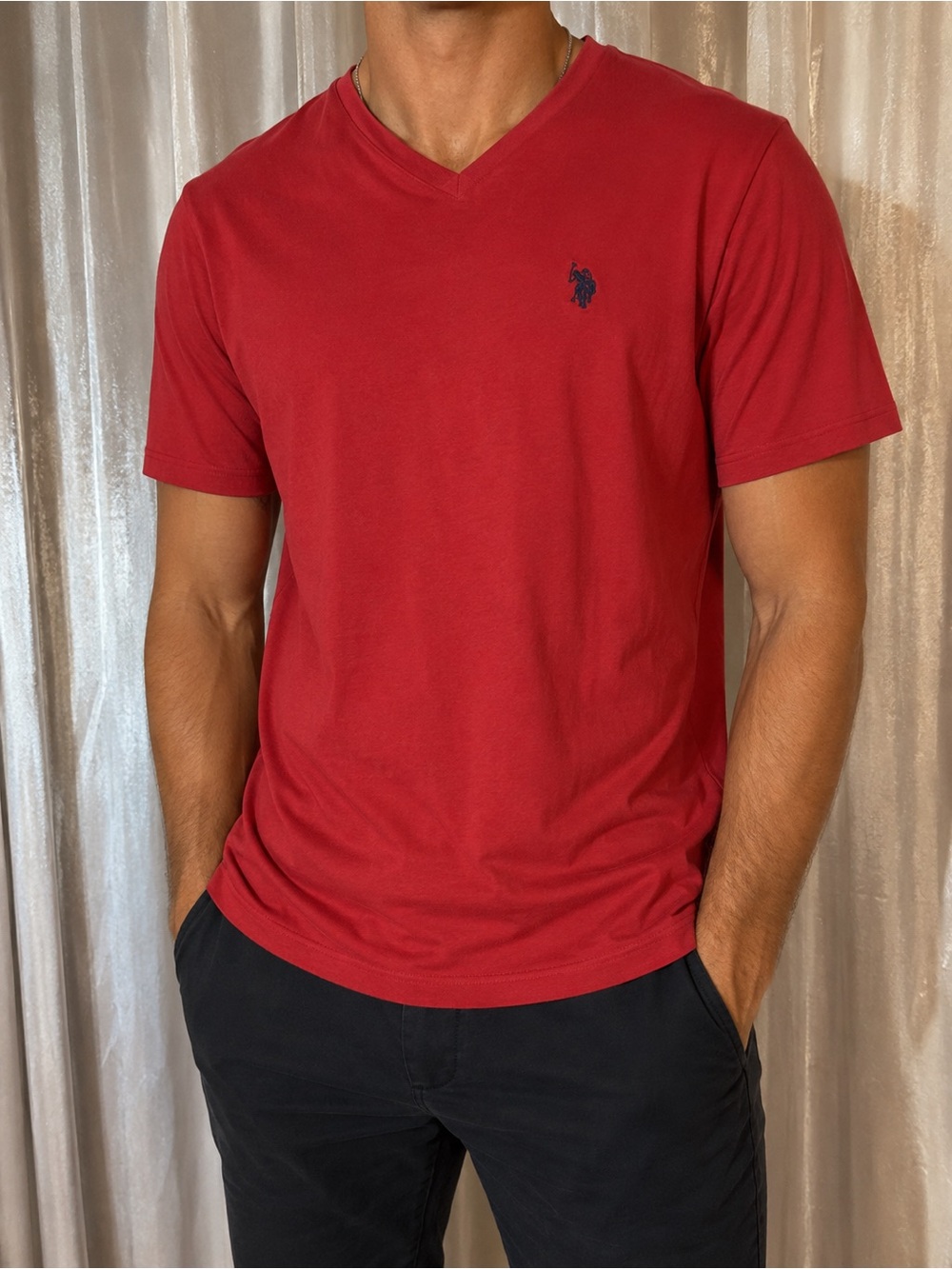 U.S. Polo Assn Mens Small Red V Neck T Shirt Embroidered Pony Logo Cotton Tee